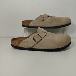 Birkenstock Boston Suede Clogs Size 40 Taupe Tan Cork Footbed Mules M7 W9
